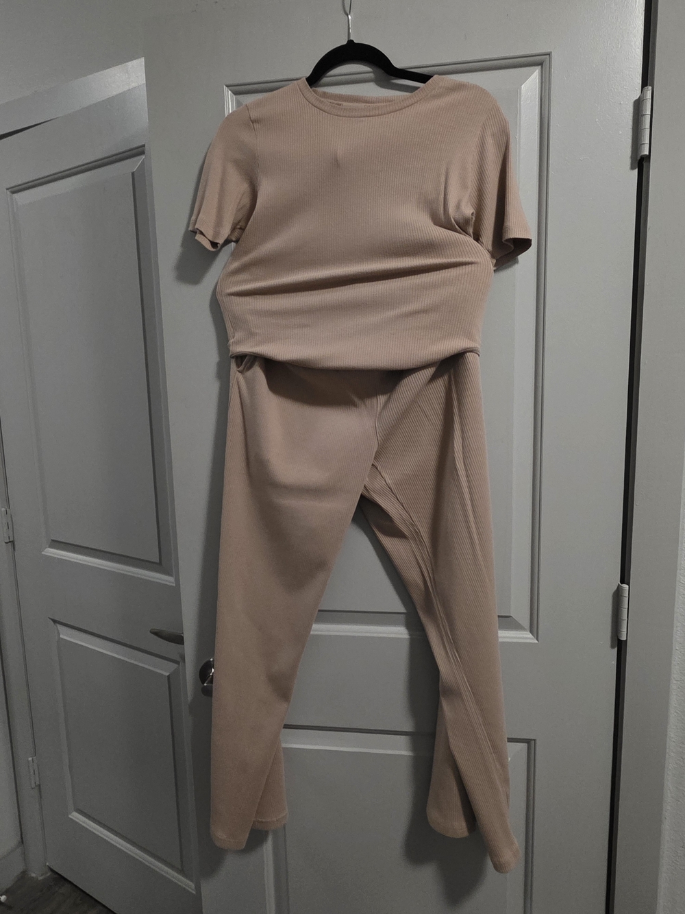 Calvin Klein Ribbed Short Sleeve Top & High-Waist Leggings - Beige